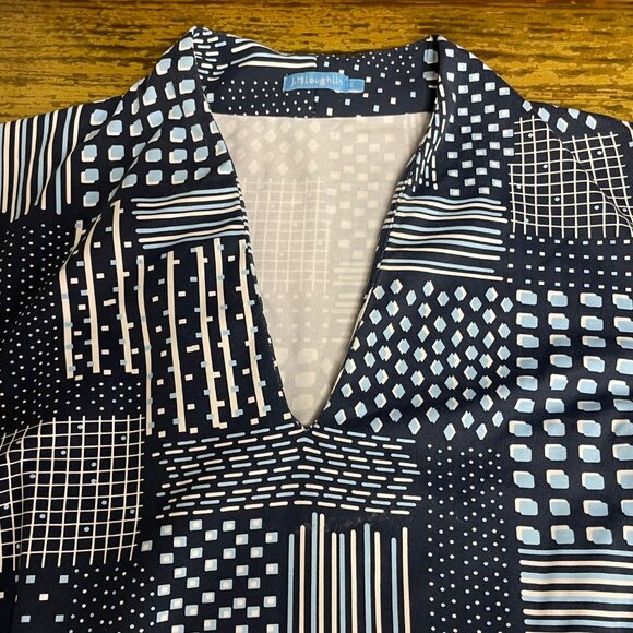 J. McLaughlin Geometric Pattern V-Neck Sheath Dress Catalina Cloth Sz LG Blue - Picture 3 of 7
